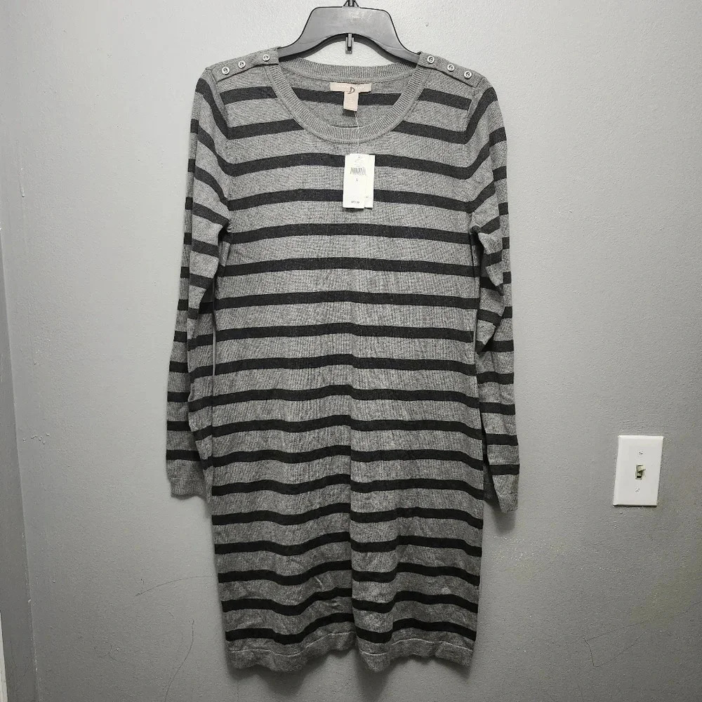Banana republic women's mini sweater dress size L gray and black stripped